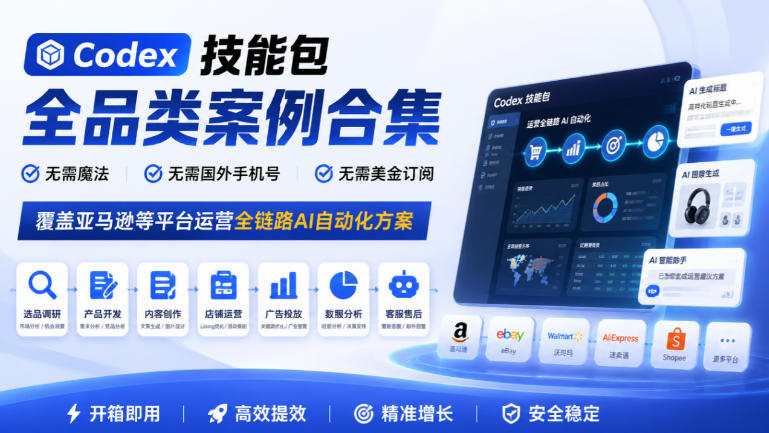 Codex技能包全品类案例合集,无需魔法、无需国外手机号、无需美金订阅,覆盖亚马逊等平台运营全链路AI自动化方案昊趣阁资源网昊趣阁资源网