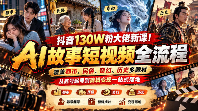 抖音130W粉大佬新课！AI故事短视频全流程，覆盖都市、民俗、奇幻、历史多题材，从养号起号到剪辑变现一站式落地昊趣阁资源网昊趣阁资源网