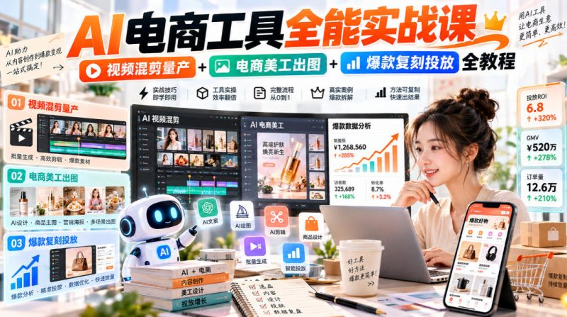 AI电商工具全能实战教学,视频混剪量产+电商美工出图+爆款复刻投放全教程昊趣阁资源网昊趣阁资源网