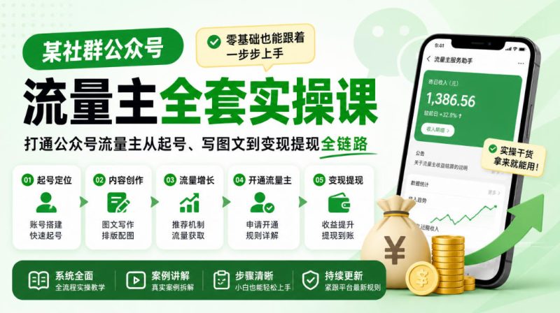 某社群公众号流量主全套实操课,零基础也能跟着一步步上手,打通公众号流量主从起号、写图文到变现提现全链路昊趣阁资源网昊趣阁资源网
