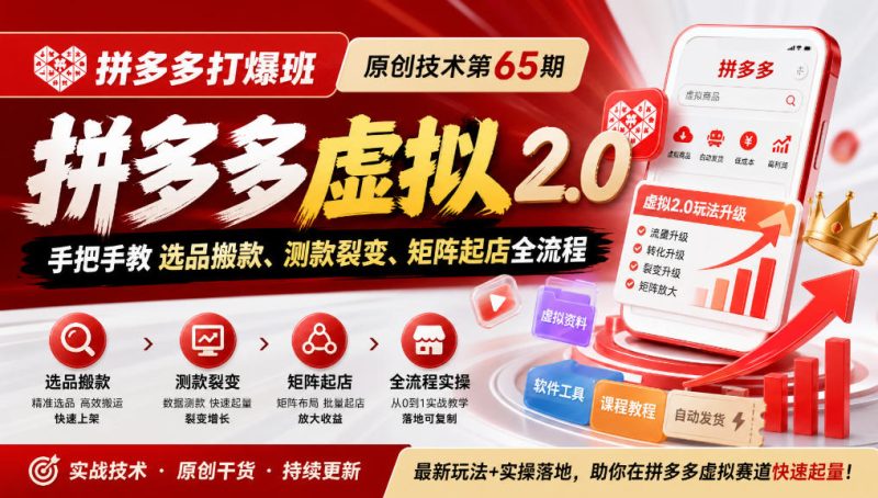 《拼多多打爆班》原创技术第65期,拼多多虚拟2.0,手把手教选品搬款、测款裂变、矩阵起店全流程昊趣阁资源网昊趣阁资源网