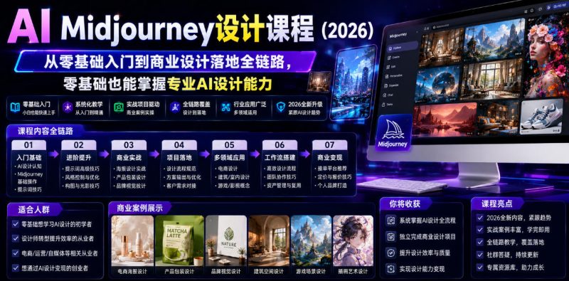 AI Midjourney设计课程(2026),从零基础入门到商业设计落地全链路,零基础也能掌握专业AI设计能力(更新1007)昊趣阁资源网昊趣阁资源网