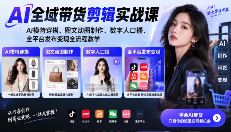 AI全域带货剪辑实战课|AI模特穿搭、图文动图制作、数字人口播、全平台发布变现全流程教学昊趣阁资源网昊趣阁资源网