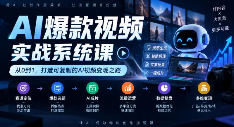 AI爆款视频实战系统课|赛道定位、爆款选题、AI成片、流量运营、数据复盘、多维变现全链路教学昊趣阁资源网昊趣阁资源网