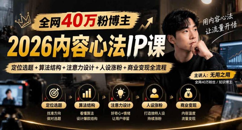 【无水印】全网40W粉博主的2026内容心法IP课，定位选题+算法结构+注意力设计+人设涨粉+商业变现全流程昊趣阁资源网昊趣阁资源网