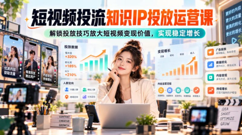 短视频投流知识IP投放运营课,解锁投放技巧放大短视频变现价值,实现稳定增长昊趣阁资源网昊趣阁资源网