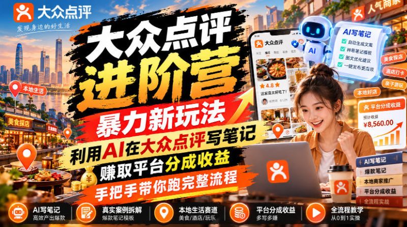 大众点评进阶营，暴力新玩法，利用AI在大众点评写笔记， 賺取平台分成收益，手把手带你跑完整流程昊趣阁资源网昊趣阁资源网
