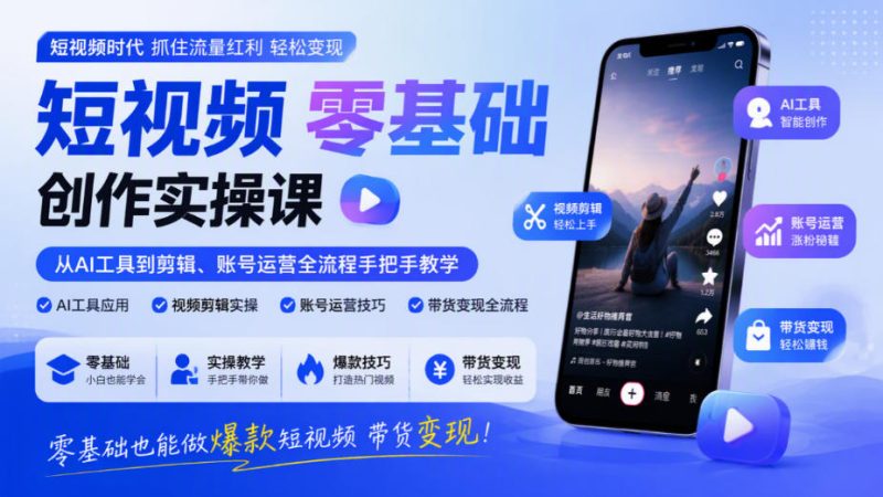 短视频零基础创作实操课，从AI工具到剪辑、账号运营全流程手把手教学，零基础也能做爆款短视频带货变现昊趣阁资源网昊趣阁资源网