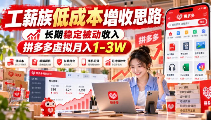 工薪族低成本增收思路，长期稳定被动收入，拼多多虚拟月入1-3W昊趣阁资源网昊趣阁资源网