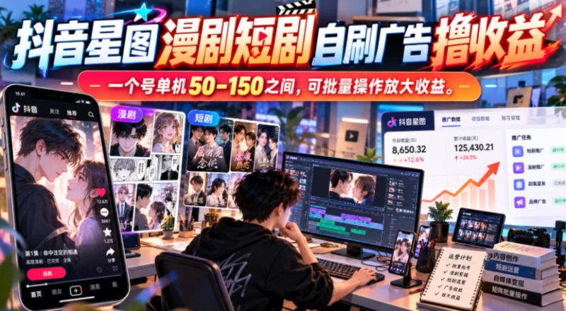 抖音星图漫剧短剧自刷广告撸收益，一个号单机50-150之间，可批量操作放大收益昊趣阁资源网昊趣阁资源网