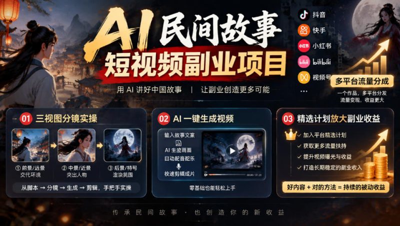 AI民间故事短视频副业项目，多平台流量分成，三视图分镜实操，精选计划放大副业收益昊趣阁资源网昊趣阁资源网