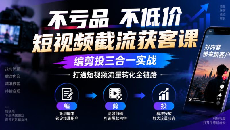 不亏品不低价短视频截流获客课，编剪投三合一实战，打通短视频流量转化全链路昊趣阁资源网昊趣阁资源网