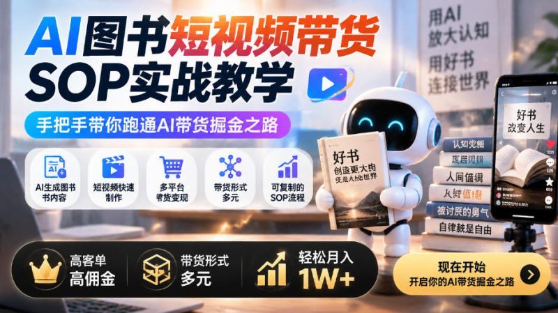 AI图书短视频带货SOP实战教学，手把手带你跑通AI带货掘金之路，高客单高佣金，带货形式多元，轻松月入1W+（更新1013）昊趣阁资源网昊趣阁资源网