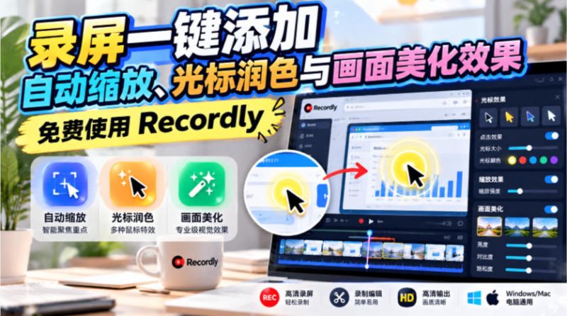 录屏一键添加自动缩放、光标润色与画面美化效果，免费使用Recordly昊趣阁资源网昊趣阁资源网