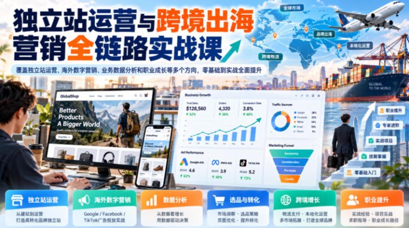 独立站运营与跨境出海营销全链路实战课，覆盖独立站运营、海外数字营销、业务数据分析和职业成长等多个方向，零基础到实战全面提升昊趣阁资源网昊趣阁资源网