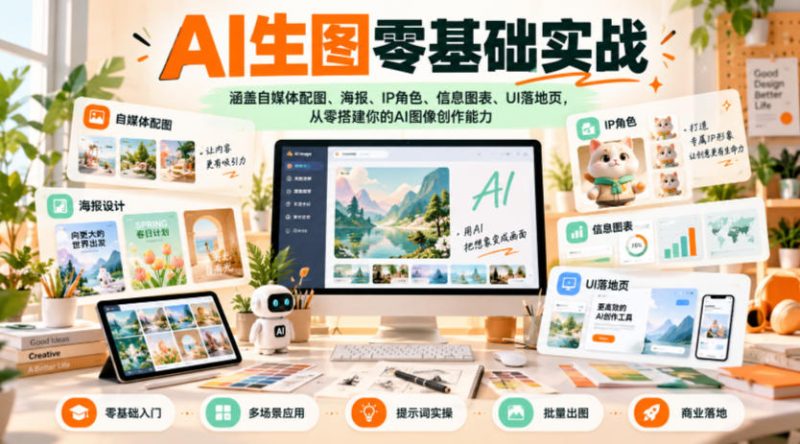 AI生图零基础实战，涵盖自媒体配图、海报、IP角色、信息图表、UI落地页，从零搭建你的AI图像创作能力昊趣阁资源网昊趣阁资源网
