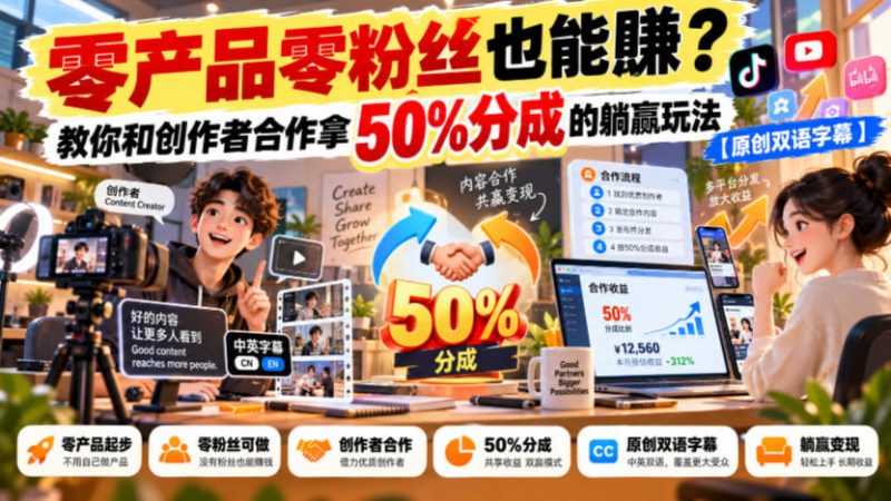 【无水印】零产品零粉丝也能賺？教你和创作者合作拿50%分成的躺赢玩法【原创双语字幕】昊趣阁资源网昊趣阁资源网