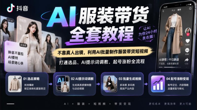 抖音AI服装带货全套教程，不靠真人出镜，利用AI批量制作服装带货短视频，打通选品、AI提示词调教、起号涨粉全流程昊趣阁资源网昊趣阁资源网