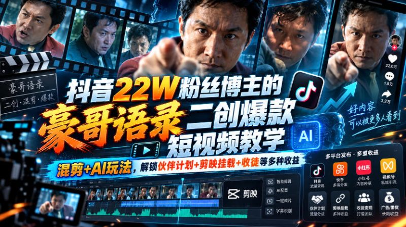 抖音22W粉丝博主的豪哥语录二创爆款短视频教学,混剪+AI玩法,解锁伙伴计划+剪映挂载+收徒等多种收益昊趣阁资源网昊趣阁资源网