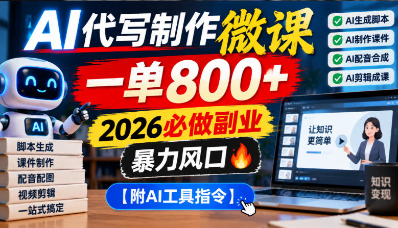 AI代写制作微课,一单800+,2026必做副业,暴力风口【附AI工具指令】【揭秘】昊趣阁资源网昊趣阁资源网