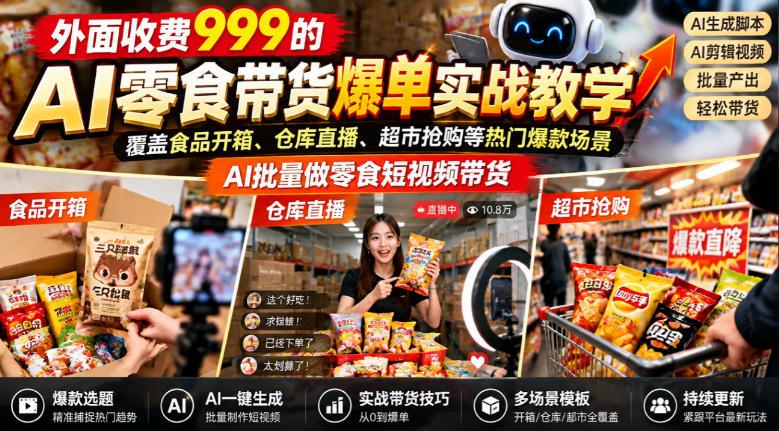 外面收费999的AI零食带货爆单实战教学，覆盖食品开箱、仓库直播、超市抢购等热门爆款场景，AI批量做零食短视频带货昊趣阁资源网昊趣阁资源网