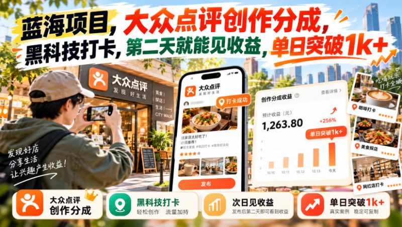 蓝海项目,大众点评创作分成,黑科技打卡,第二天就能见收益,单日突破1k+【揭秘】昊趣阁资源网昊趣阁资源网
