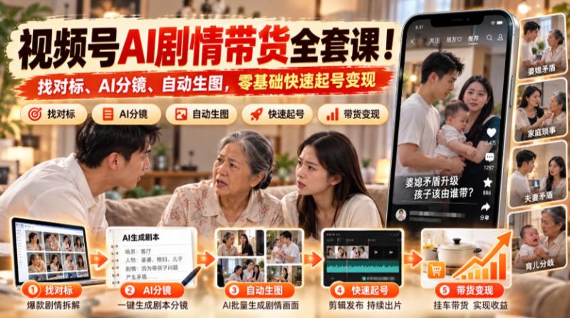 视频号AI剧情带货全套课!找对标、AI分镜、自动生图,零基础快速起号变现昊趣阁资源网昊趣阁资源网