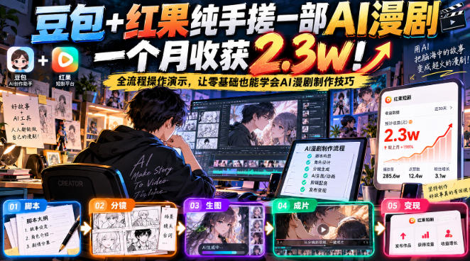 豆包+红果纯手搓一部AI漫剧一个月收获2.3w!全流程操作演示,让零基础也能学会AI漫剧制作技巧昊趣阁资源网昊趣阁资源网