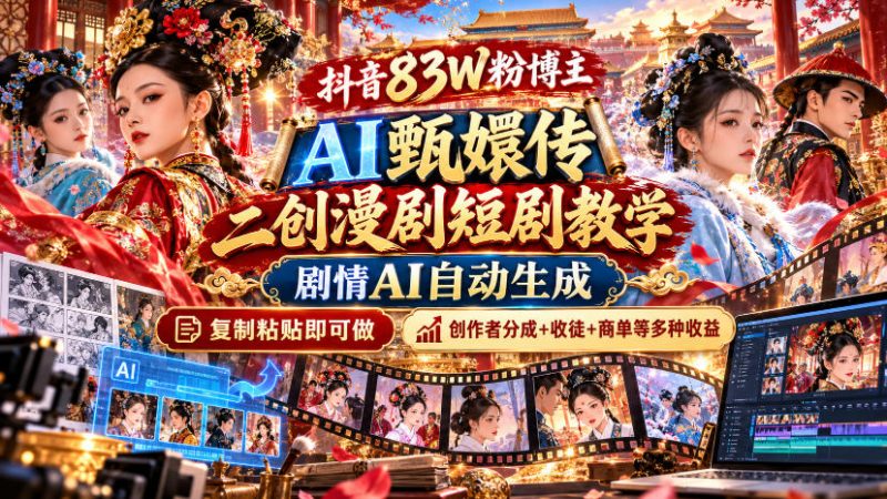 抖音83W粉博主AI甄嬛传二创漫剧短剧教学|剧情AI自动生成,复制粘贴即可做,各大平台创作者分成+收徒等多种收益昊趣阁资源网昊趣阁资源网