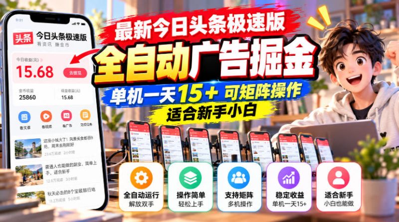 最新今日头条极速版全自动广告掘金,单机一天15+可矩阵操作适合新手小白昊趣阁资源网昊趣阁资源网