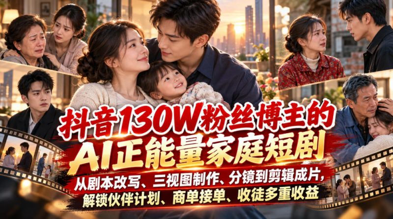 抖音130W粉丝博主的AI正能量家庭短剧,从剧本改写、三视图制作、分镜到剪辑成片,解锁伙伴计划、商单接单、收徒多重收益(更新1007)昊趣阁资源网昊趣阁资源网