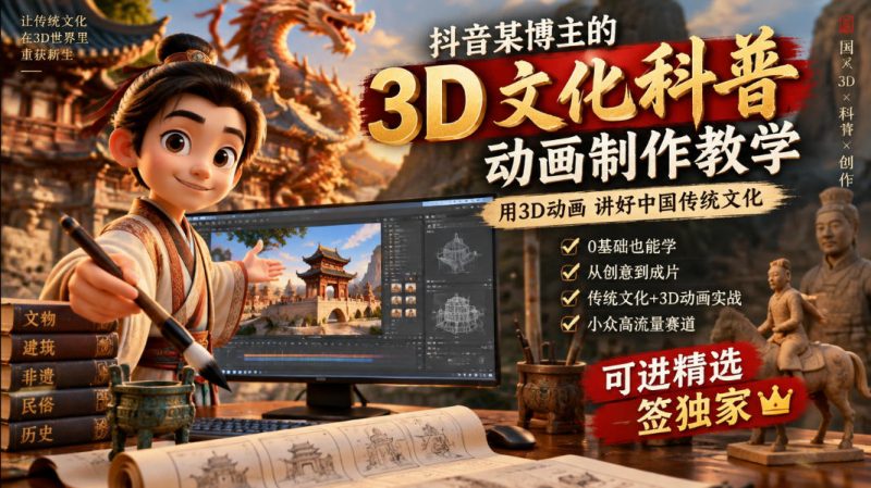 抖音某博主的3D文化科普动画制作教学,用3D动画呈现中国传统文化,可进精选签独家,单日收益1k+昊趣阁资源网昊趣阁资源网