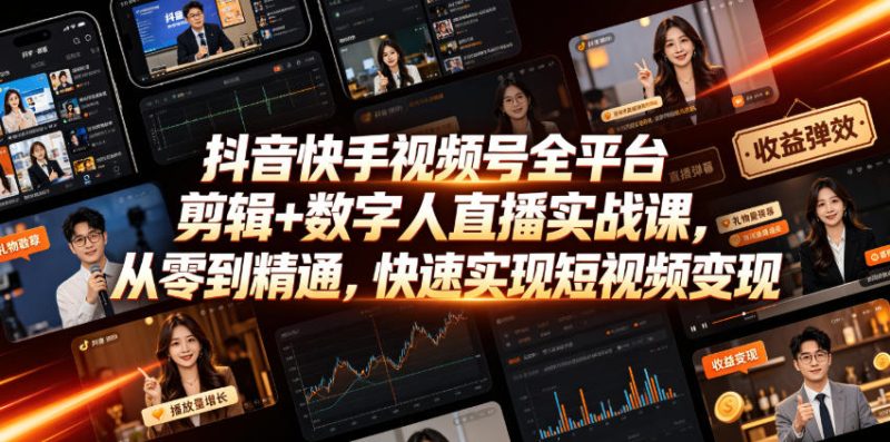 抖音快手视频号全平台剪辑+数字人直播实战课，从零到精通，快速实现短视频变现(更新2026年10月)​昊趣阁资源网昊趣阁资源网