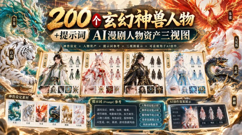 200个玄幻神兽人物+提示词ai漫剧人物资产三视图昊趣阁资源网昊趣阁资源网