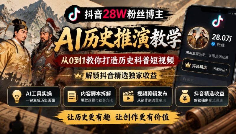 抖音28W粉丝博主的AI历史推演教学,从0到1教你打造历史科普短视频,解锁抖音精选独家收益昊趣阁资源网昊趣阁资源网