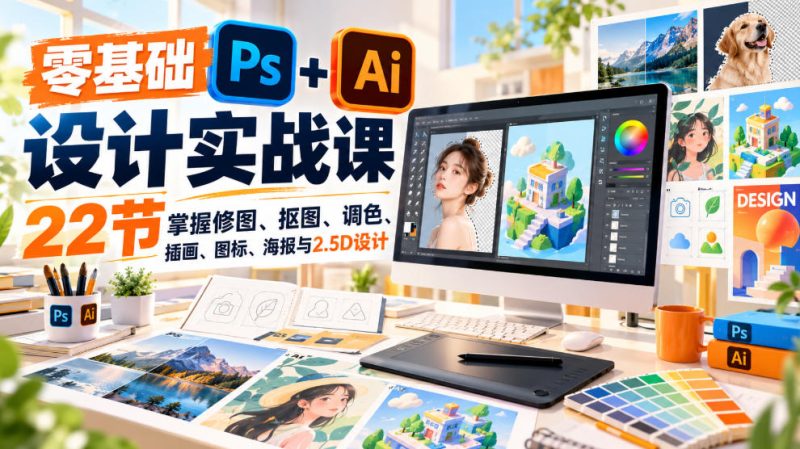 【无水印】零基础PS+AI设计实战课|22节掌握修图、抠图、调色、插画、图标、海报与2.5D设计昊趣阁资源网昊趣阁资源网